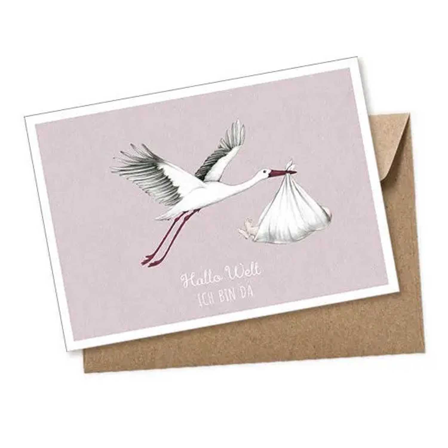 fioniony Postkarte Storch Rosa mit Umschlag